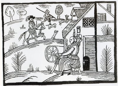 A Country Scene with a Woman Spinning and Two Men Hunting a Stag by English School